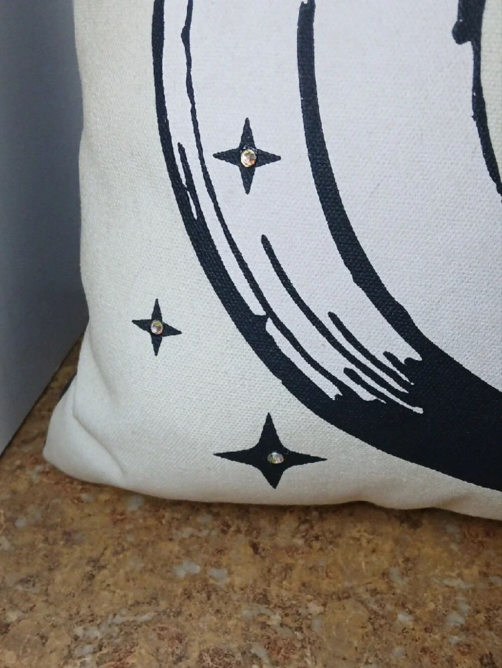 Cream and Black Decorative Black Cat on Moon Pillow